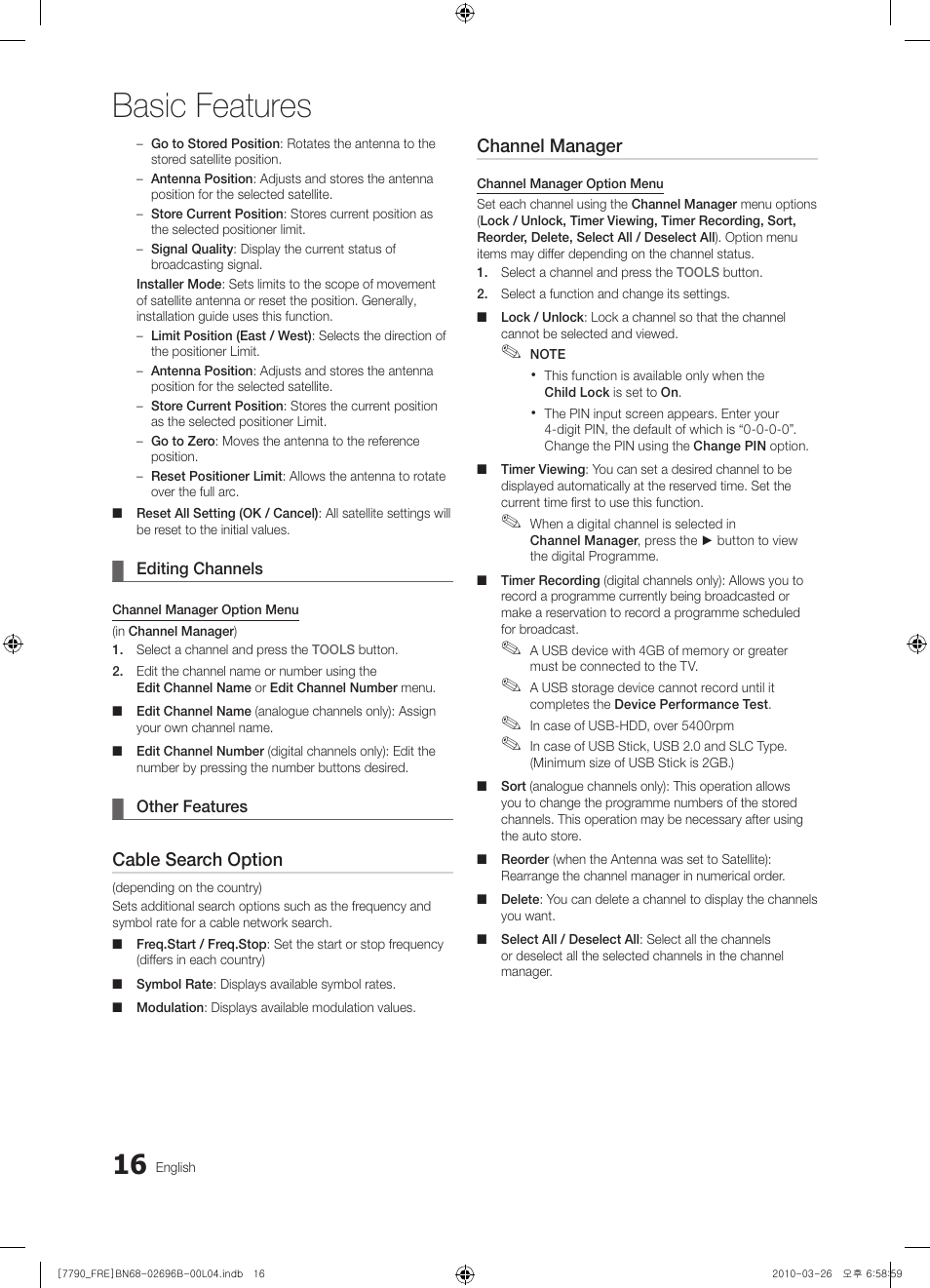 Basic features, Cable search option, Channel manager | Samsung PS63C7700YS User Manual | Page 16 / 258