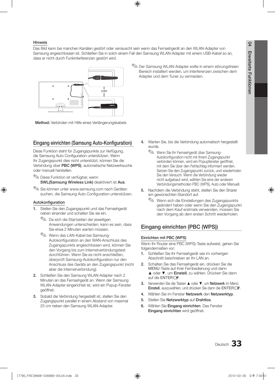 Eingang einrichten (samsung auto-konfiguration), Eingang einrichten (pbc (wps)) | Samsung PS63C7700YS User Manual | Page 161 / 258