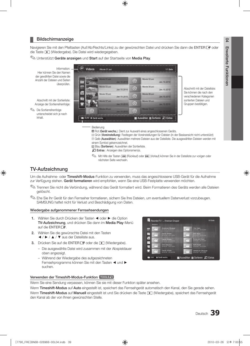 Tv-aufzeichnung, Bildschirmanzeige | Samsung PS63C7700YS User Manual | Page 167 / 258