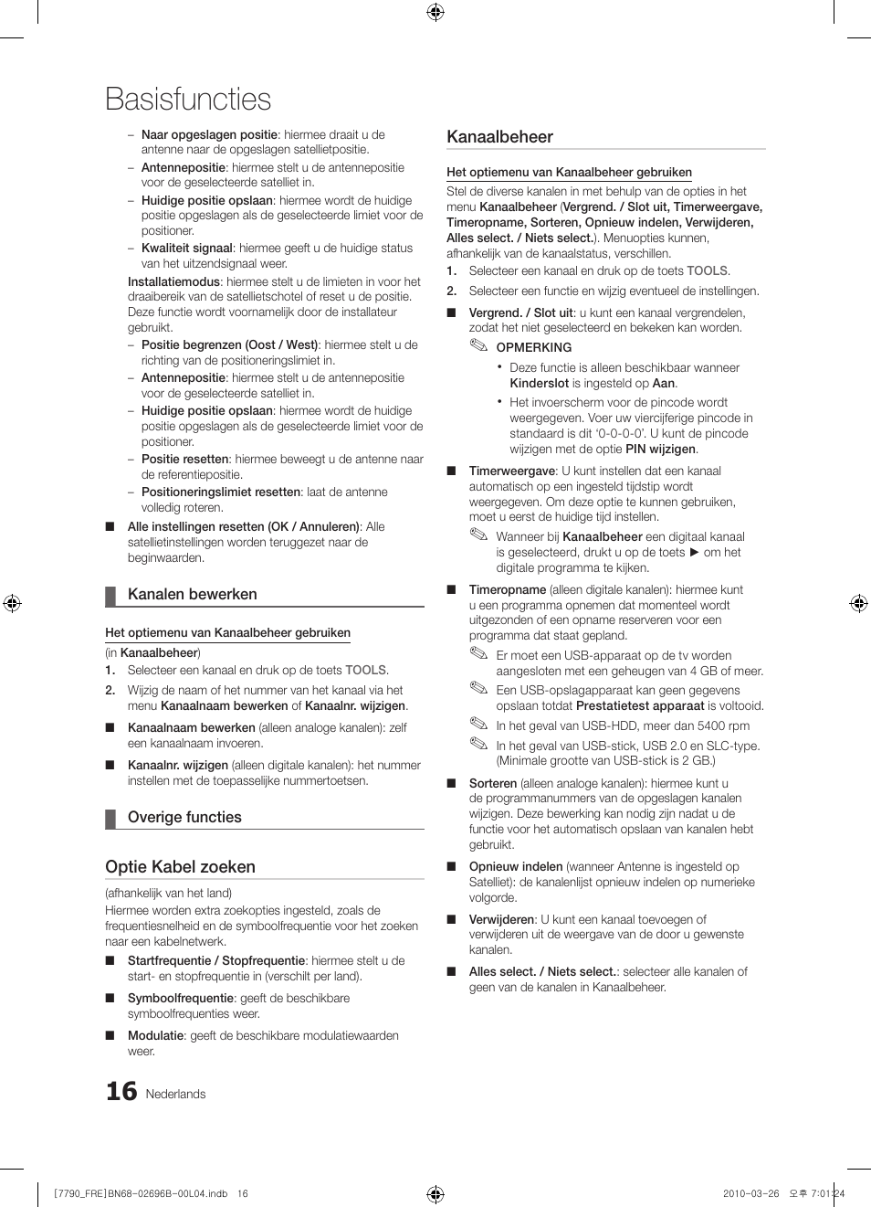Basisfuncties, Optie kabel zoeken, Kanaalbeheer | Samsung PS63C7700YS User Manual | Page 208 / 258