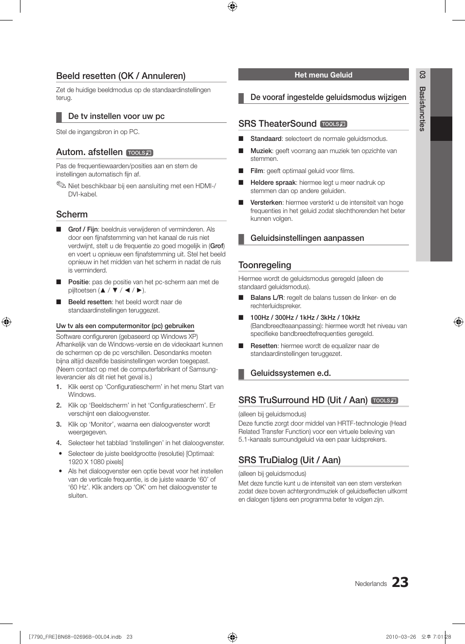 Beeld resetten (ok / annuleren), Autom. afstellen, Scherm | Srs theatersound, Toonregeling, Srs trusurround hd (uit / aan), Srs trudialog (uit / aan) | Samsung PS63C7700YS User Manual | Page 215 / 258