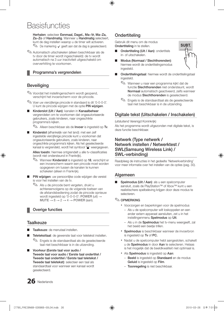 Basisfuncties, Beveiliging, Taalkeuze | Ondertiteling, Digitale tekst (uitschakelen / inschakelen), Algemeen | Samsung PS63C7700YS User Manual | Page 218 / 258