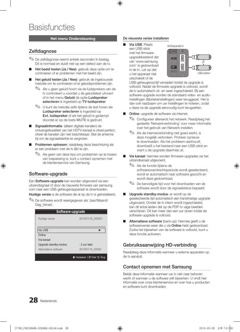 Basisfuncties, Zelfdiagnose, Software-upgrade | Gebruiksaanwijzing hd-verbinding, Contact opnemen met samsung | Samsung PS63C7700YS User Manual | Page 220 / 258