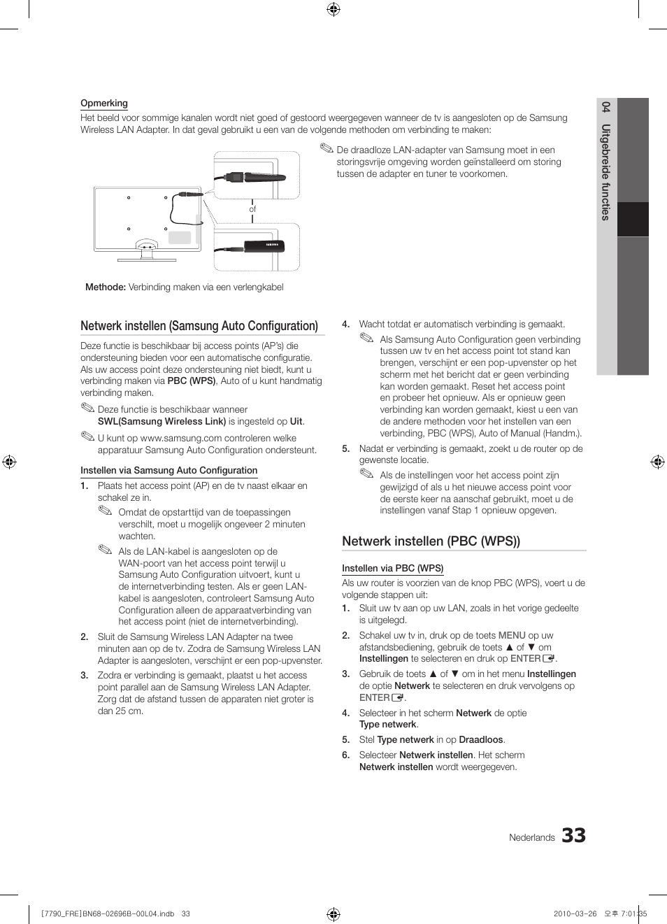 Netwerk instellen (samsung auto configuration), Netwerk instellen (pbc (wps)) | Samsung PS63C7700YS User Manual | Page 225 / 258