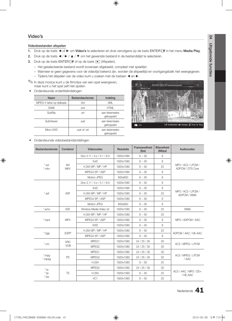 Video’s | Samsung PS63C7700YS User Manual | Page 233 / 258