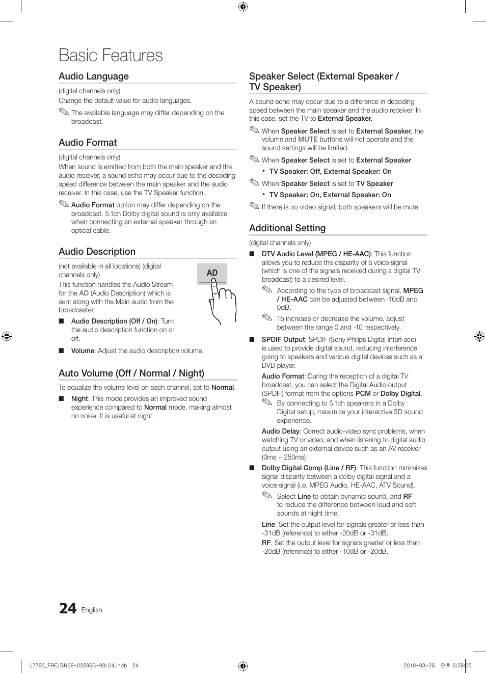 Basic features | Samsung PS63C7700YS User Manual | Page 24 / 258