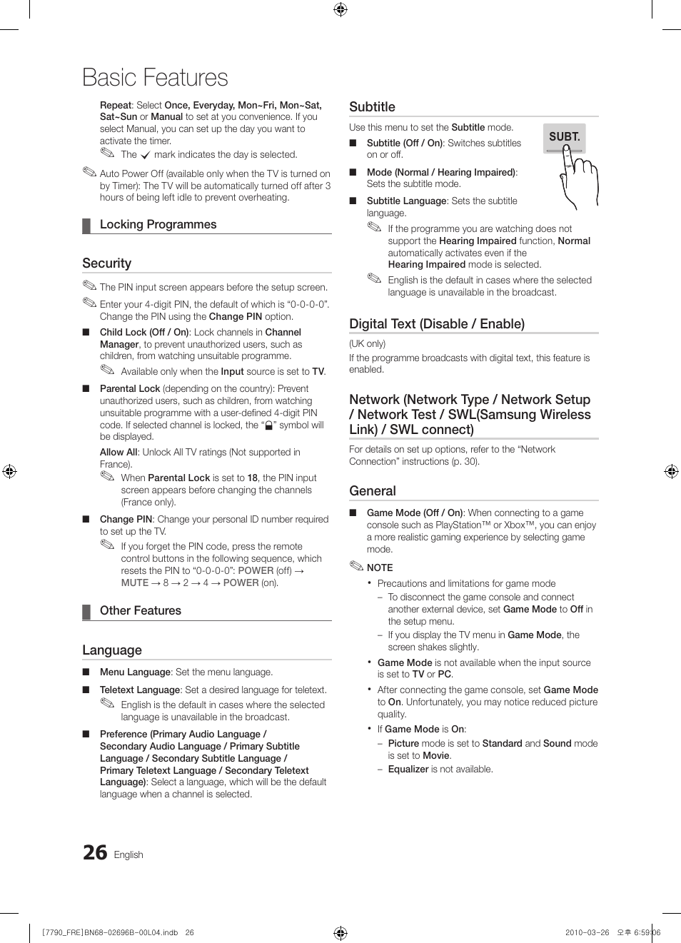 Basic features | Samsung PS63C7700YS User Manual | Page 26 / 258