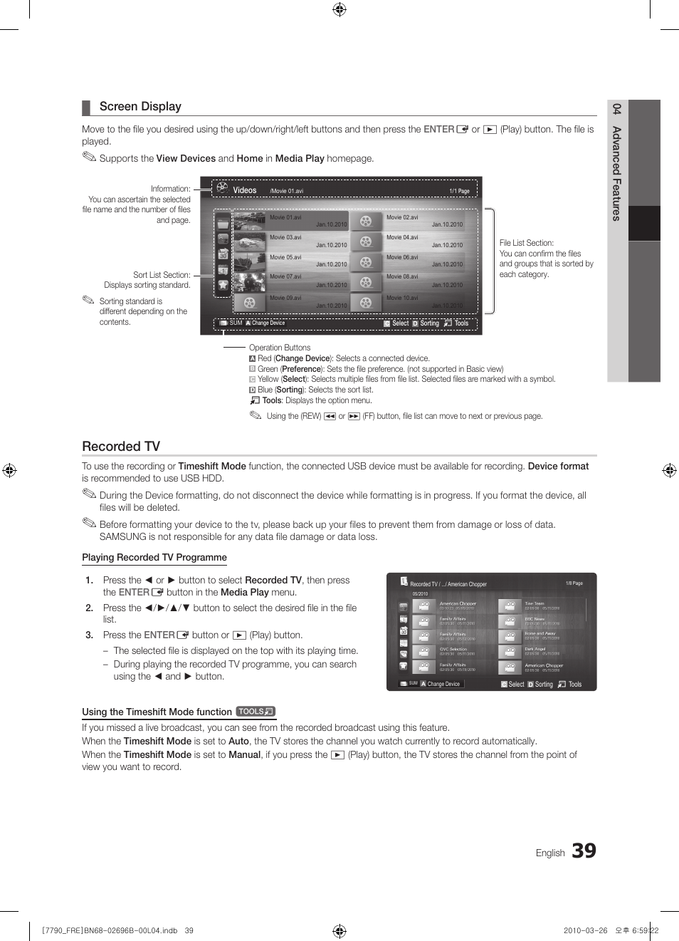 Recorded tv, Screen display | Samsung PS63C7700YS User Manual | Page 39 / 258
