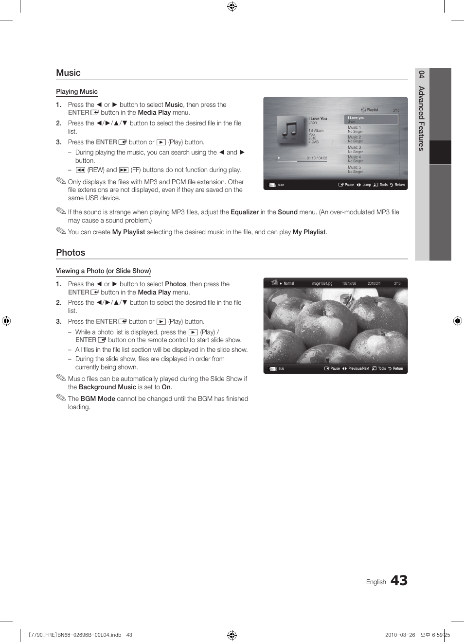 Music, Photos | Samsung PS63C7700YS User Manual | Page 43 / 258