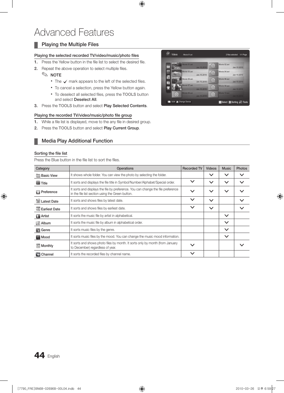 Advanced features, Playing the multiple files, Media play additional function | Samsung PS63C7700YS User Manual | Page 44 / 258