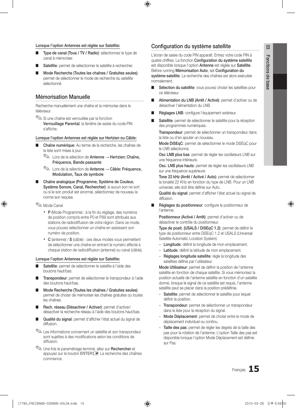 Mémorisation manuelle, Configuration du système satellite | Samsung PS63C7700YS User Manual | Page 79 / 258