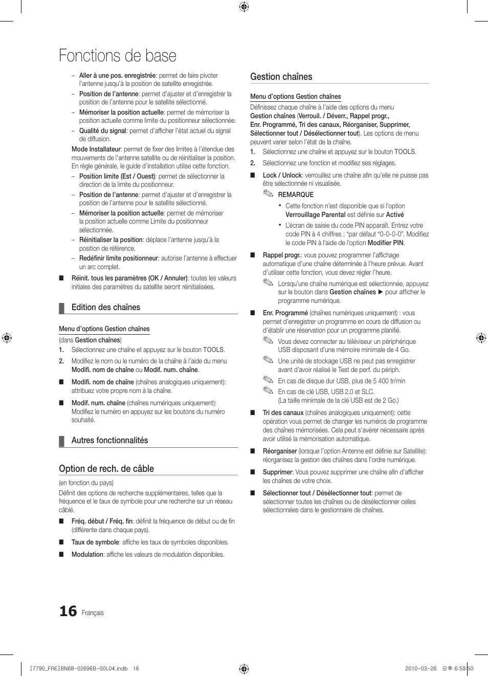 Fonctions de base, Option de rech. de câble, Gestion chaînes | Samsung PS63C7700YS User Manual | Page 80 / 258