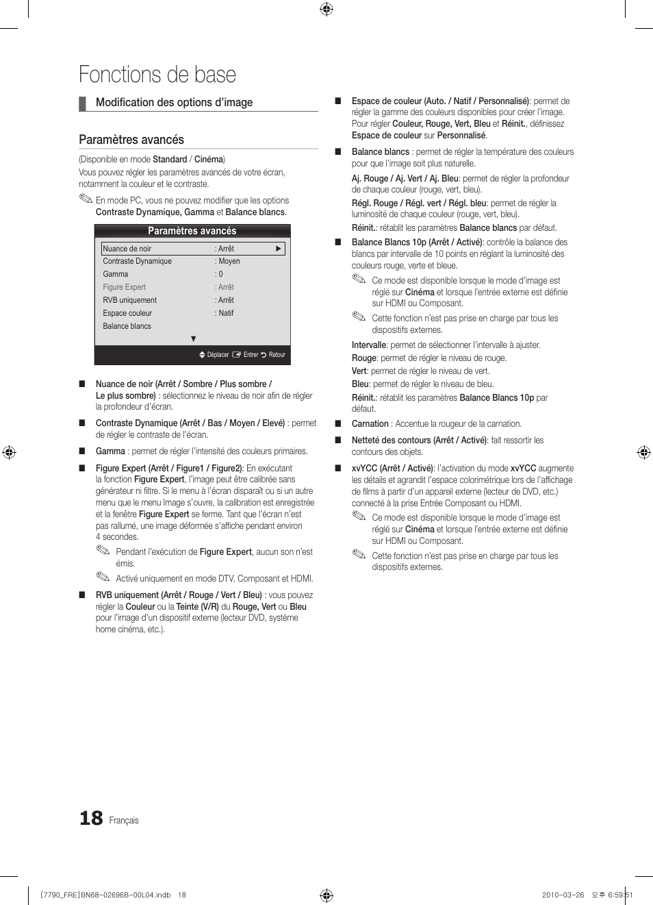 Fonctions de base, Paramètres avancés | Samsung PS63C7700YS User Manual | Page 82 / 258