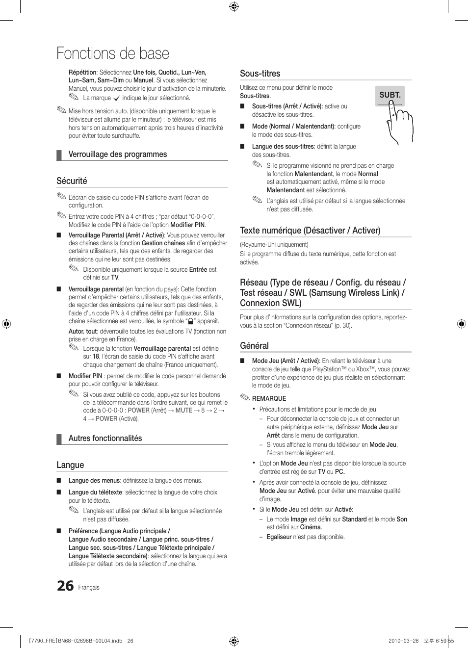 Fonctions de base | Samsung PS63C7700YS User Manual | Page 90 / 258