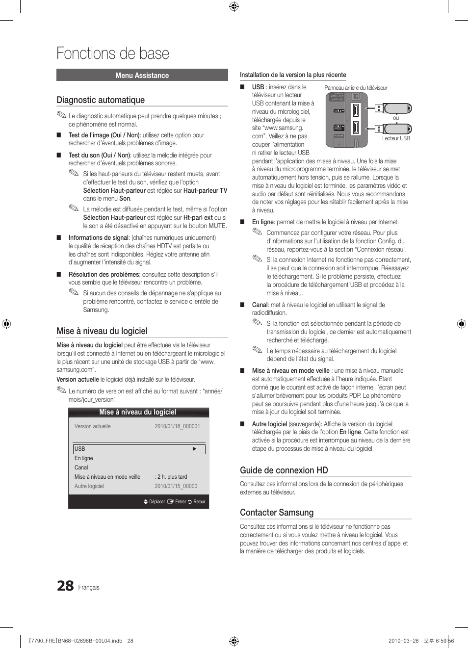 Fonctions de base, Diagnostic automatique, Mise à niveau du logiciel | Guide de connexion hd, Contacter samsung | Samsung PS63C7700YS User Manual | Page 92 / 258