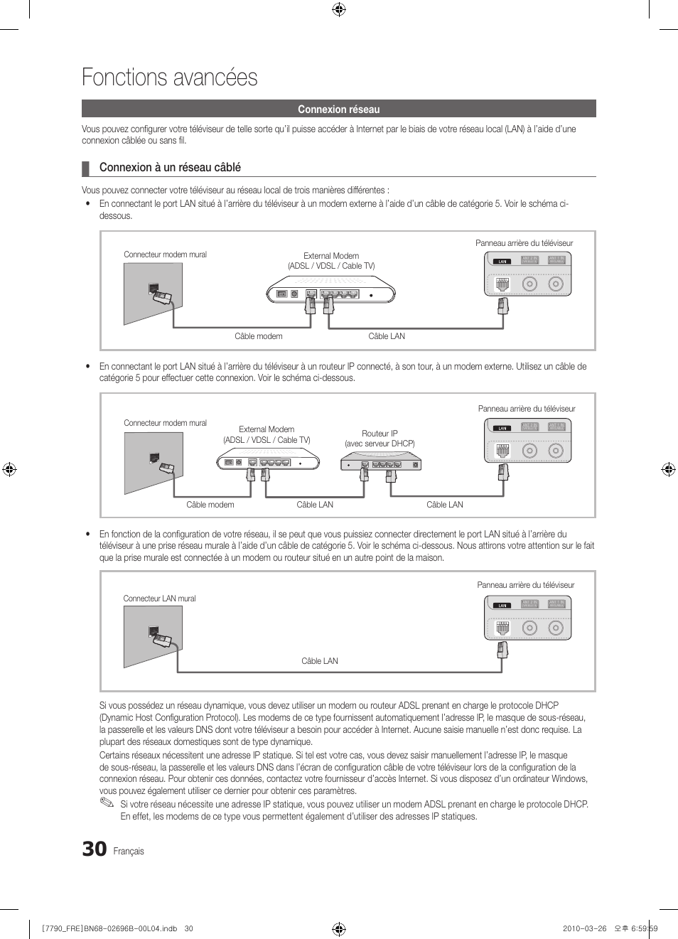 Fonctions avancées, Connexion à un réseau câblé, Connexion réseau | Français | Samsung PS63C7700YS User Manual | Page 94 / 258