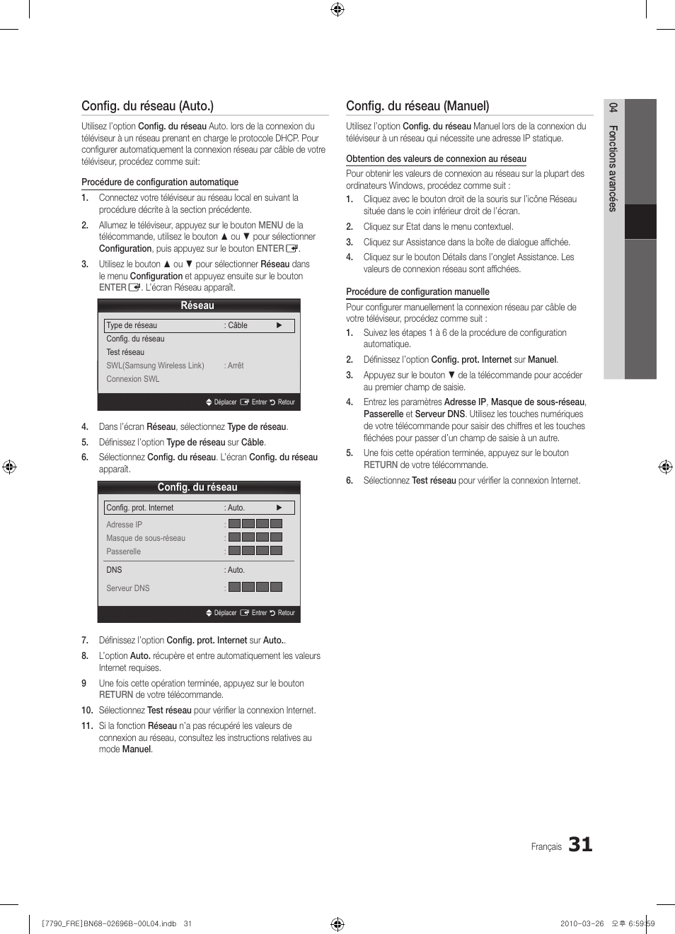 Config. du réseau (auto.), Config. du réseau (manuel) | Samsung PS63C7700YS User Manual | Page 95 / 258