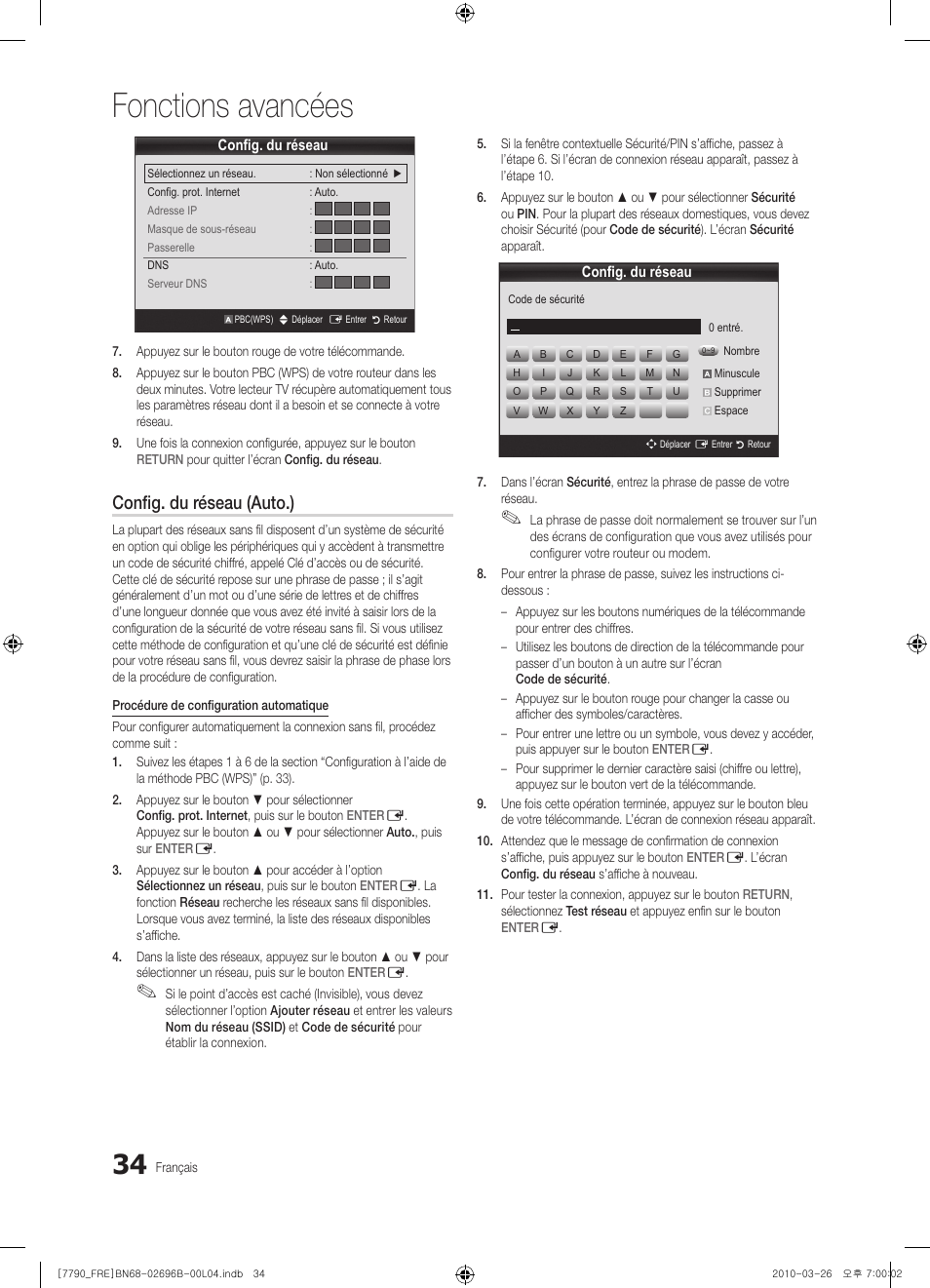 Fonctions avancées, Config. du réseau (auto.) | Samsung PS63C7700YS User Manual | Page 98 / 258