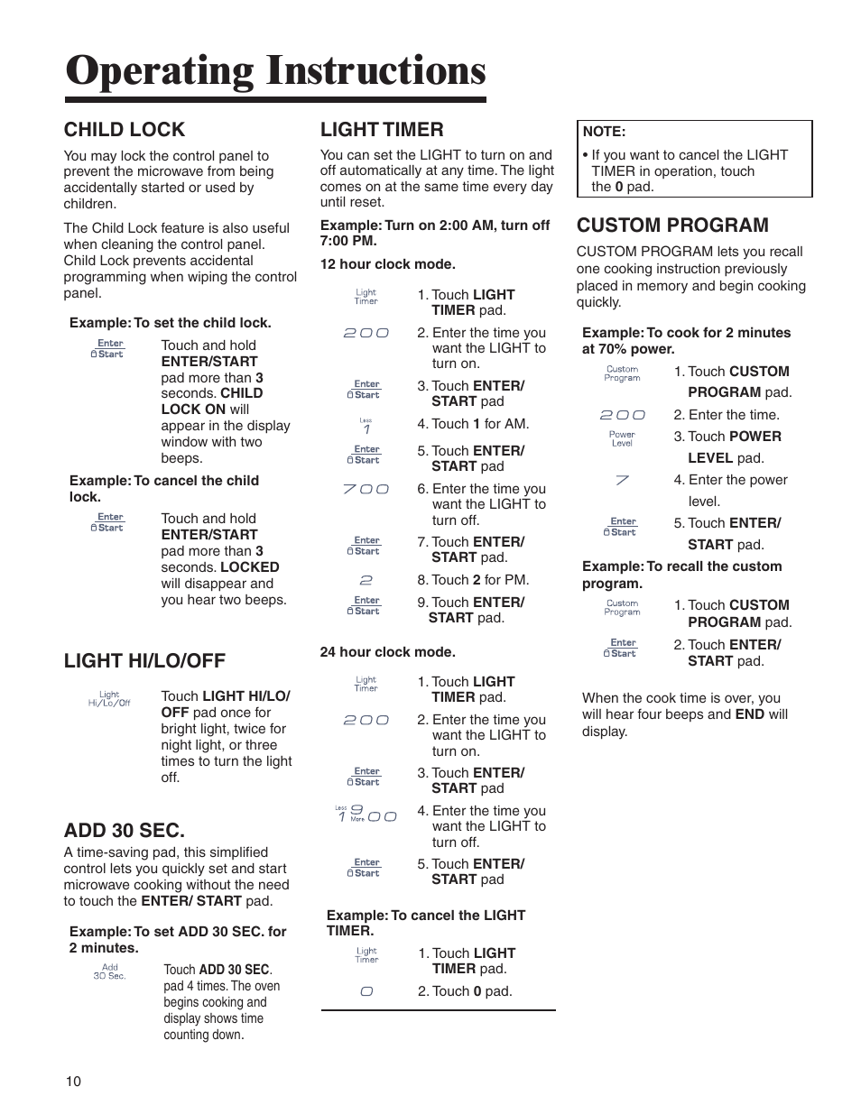 Operating instructions, Child lock, Light hi/lo/off | Add 30 sec, Light timer, Custom program | Amana AMV5164BA/BC User Manual | Page 10 / 72