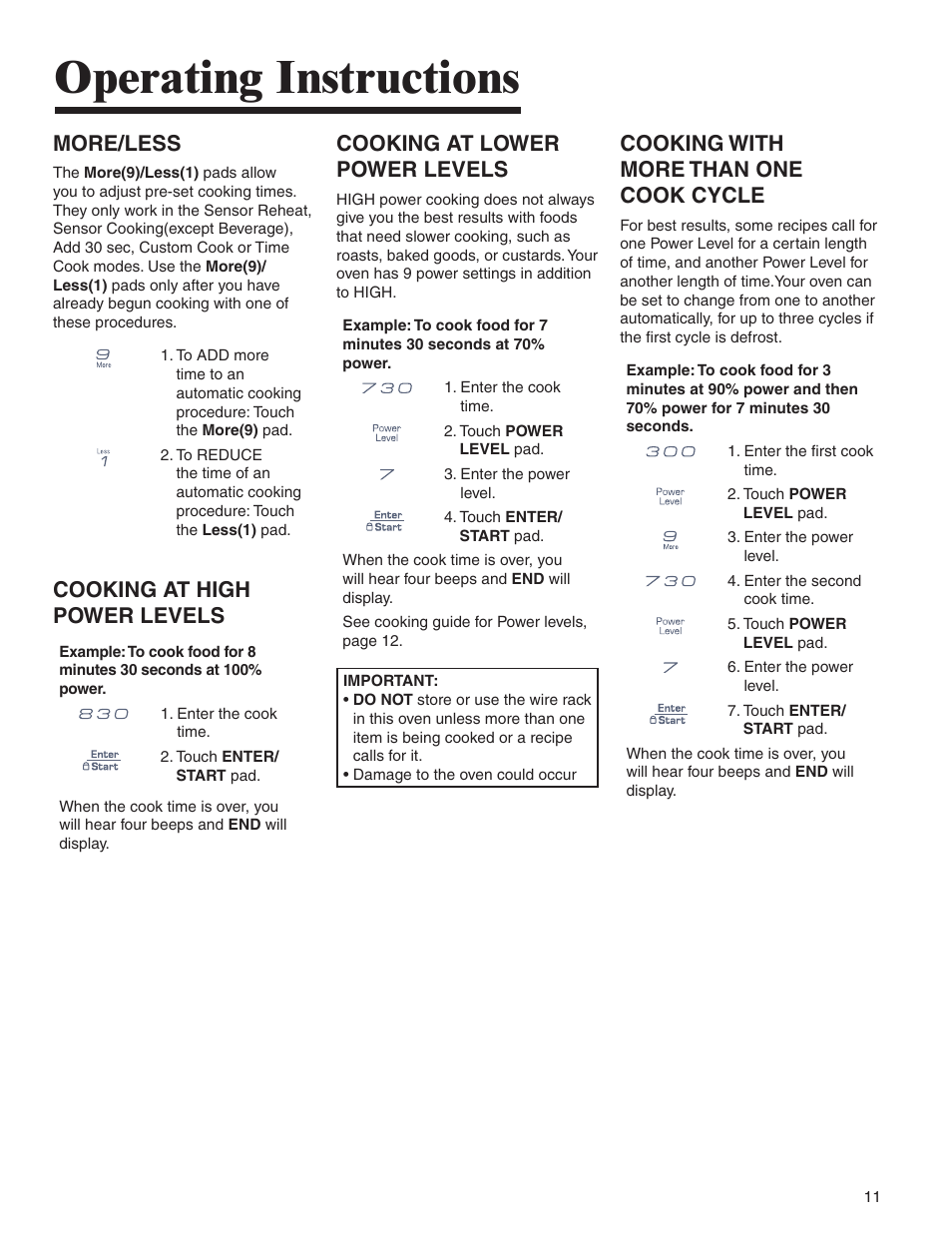 Operating instructions, More/less, Cooking at high power levels | Cooking at lower power levels, Cooking with more than one cook cycle | Amana AMV5164BA/BC User Manual | Page 11 / 72