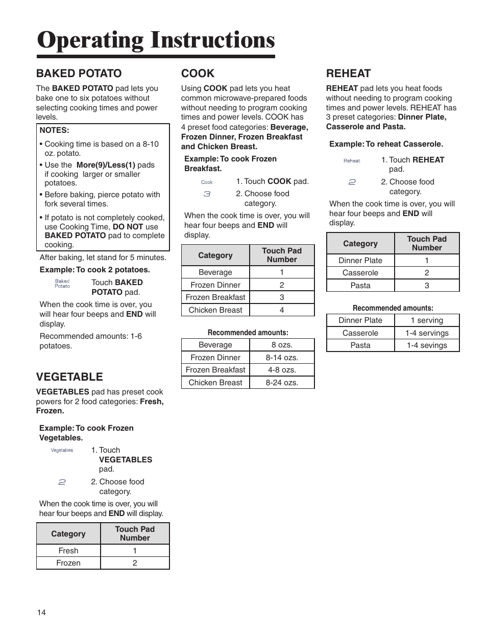 Operating instructions, Baked potato, Vegetable | Cook, Reheat | Amana AMV5164BA/BC User Manual | Page 14 / 72