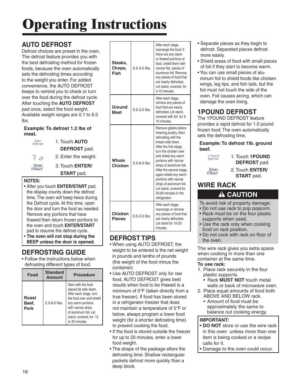 Operating instructions, Auto defrost, Defrosting guide | Defrost tips, 1pound defrost, Wire rack caution | Amana AMV5164BA/BC User Manual | Page 16 / 72