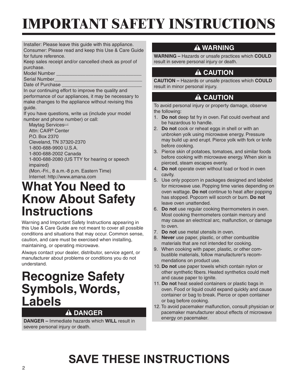 Important safety instructions, What you need to know about safety instructions, Recognize safety symbols, words, labels | Save these instructions | Amana AMV5164BA/BC User Manual | Page 2 / 72