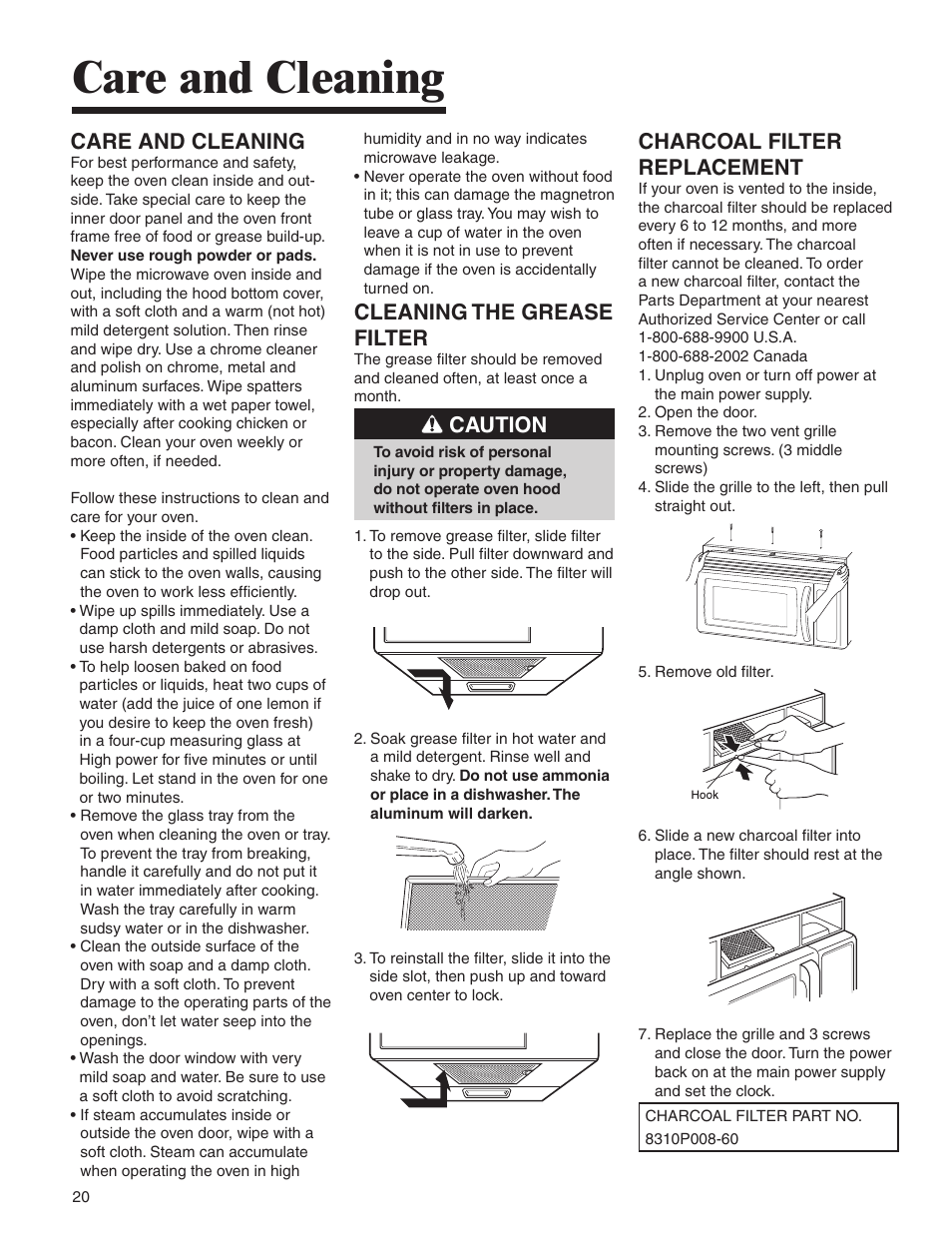 Charcoal filter replacement, Care and cleaning, Cleaning the grease filter | Caution | Amana AMV5164BA/BC User Manual | Page 20 / 72