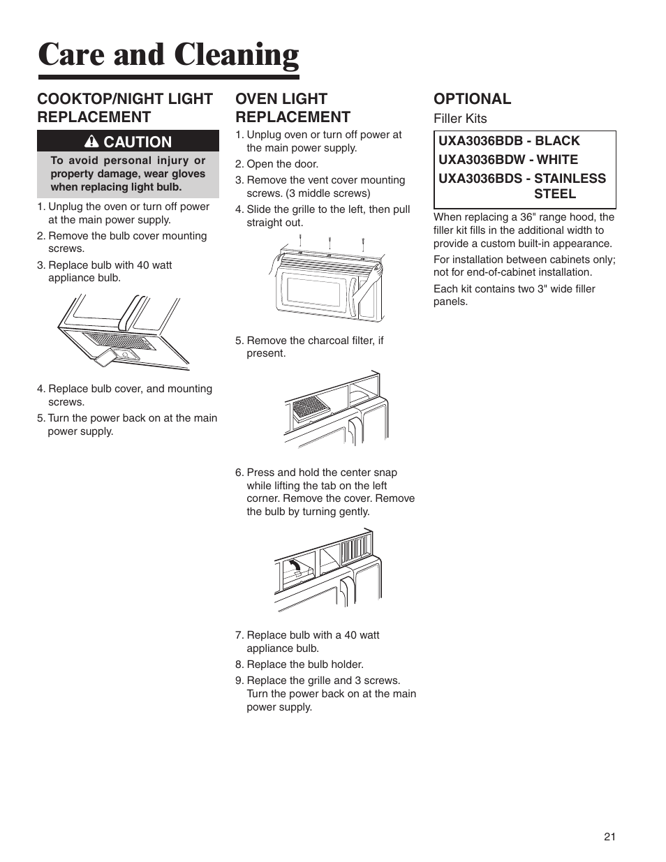 Care and cleaning, Cooktop/night light replacement caution, Oven light replacement | Optional | Amana AMV5164BA/BC User Manual | Page 21 / 72