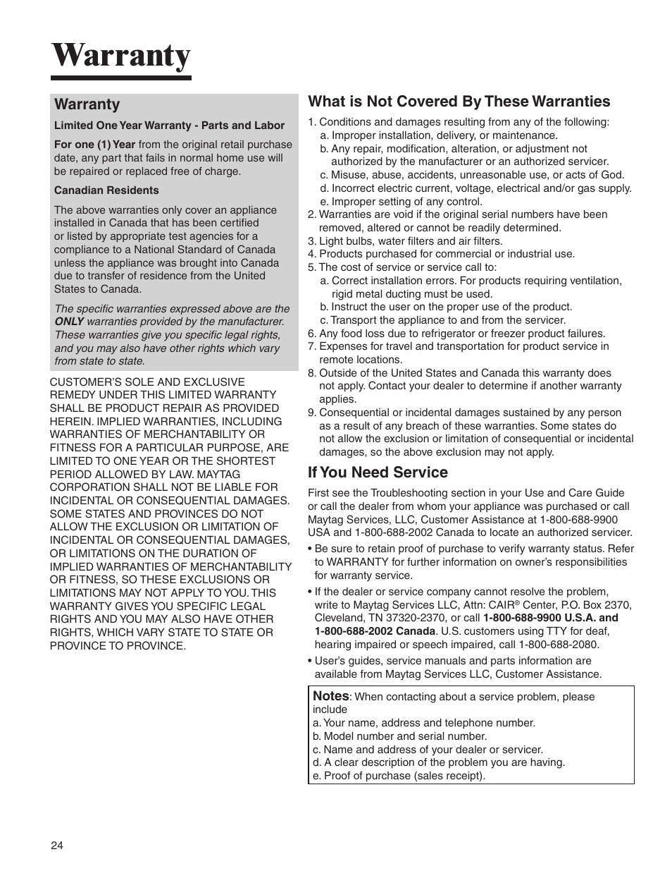 Warranty, What is not covered by these warranties, If you need service | Amana AMV5164BA/BC User Manual | Page 24 / 72