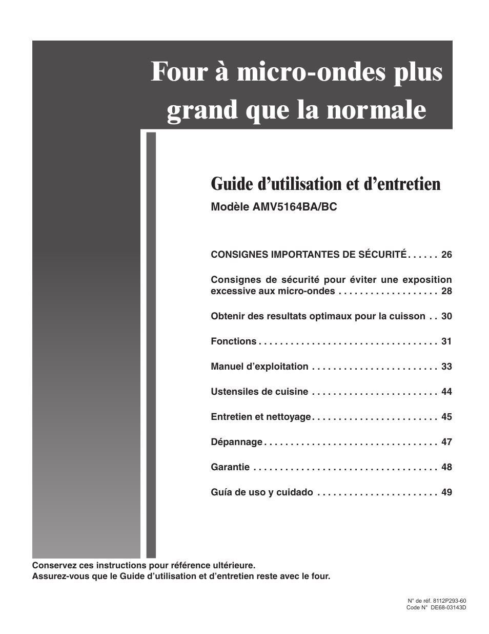 Four à micro-ondes plus grand que la normale, Guide d’utilisation et d’entretien | Amana AMV5164BA/BC User Manual | Page 25 / 72