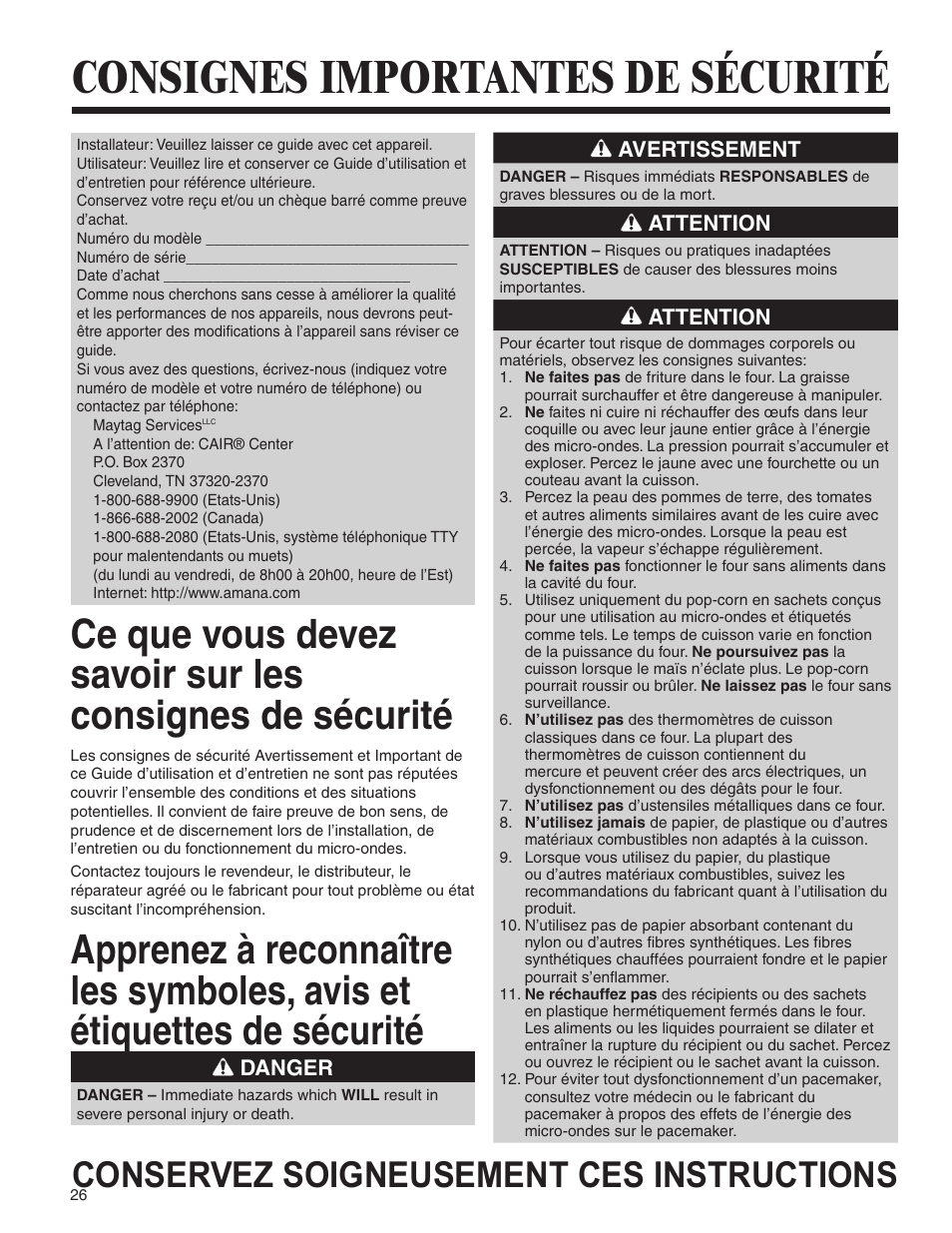 Consignes importantes de sécurité, Conservez soigneusement ces instructions | Amana AMV5164BA/BC User Manual | Page 26 / 72