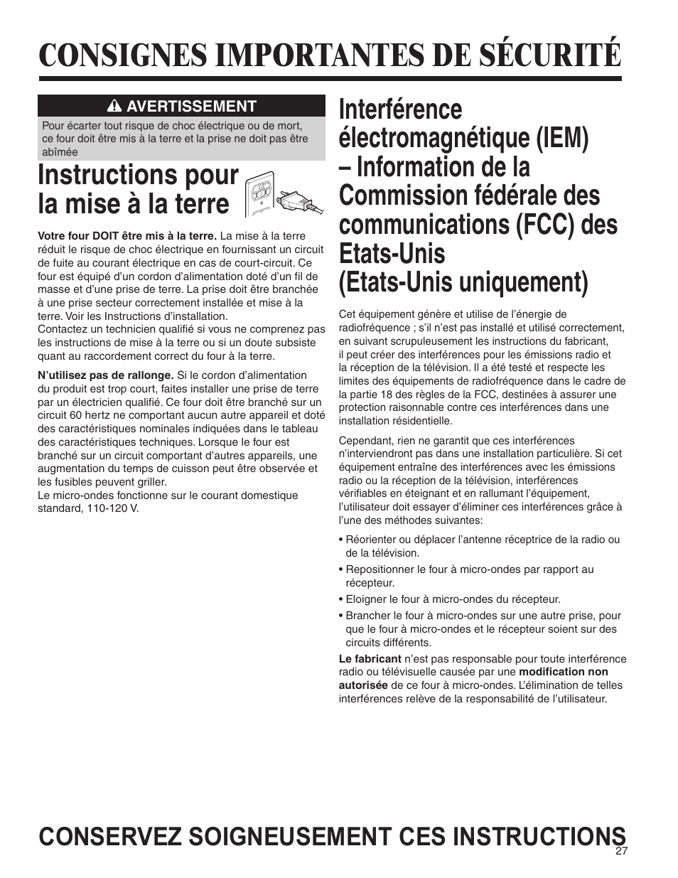 Consignes importantes de sécurité, Instructions pour la mise à la terre, Conservez soigneusement ces instructions | Amana AMV5164BA/BC User Manual | Page 27 / 72