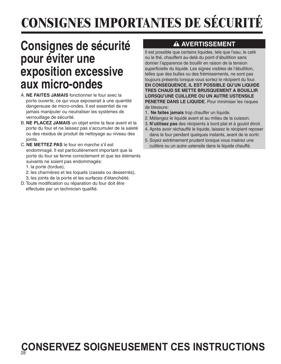 Consignes importantes de sécurité, Conservez soigneusement ces instructions | Amana AMV5164BA/BC User Manual | Page 28 / 72