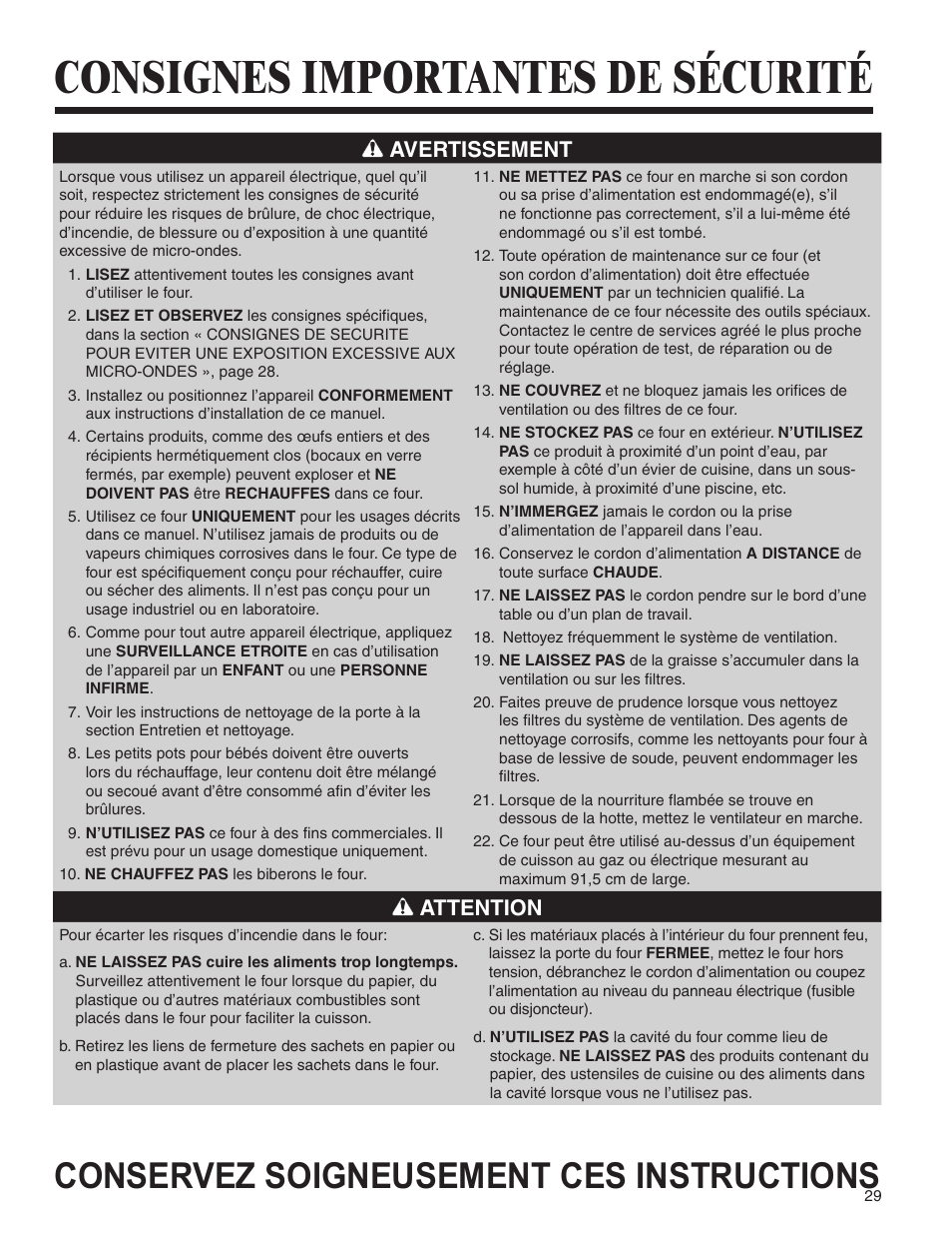 Consignes importantes de sécurité, Conservez soigneusement ces instructions, Avertissement | Attention | Amana AMV5164BA/BC User Manual | Page 29 / 72