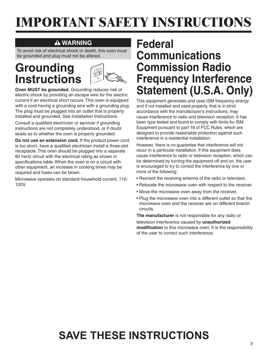 Important safety instructions, Grounding instructions, Save these instructions | Amana AMV5164BA/BC User Manual | Page 3 / 72