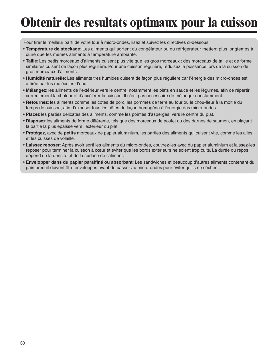 Obtenir des resultats optimaux pour la cuisson | Amana AMV5164BA/BC User Manual | Page 30 / 72