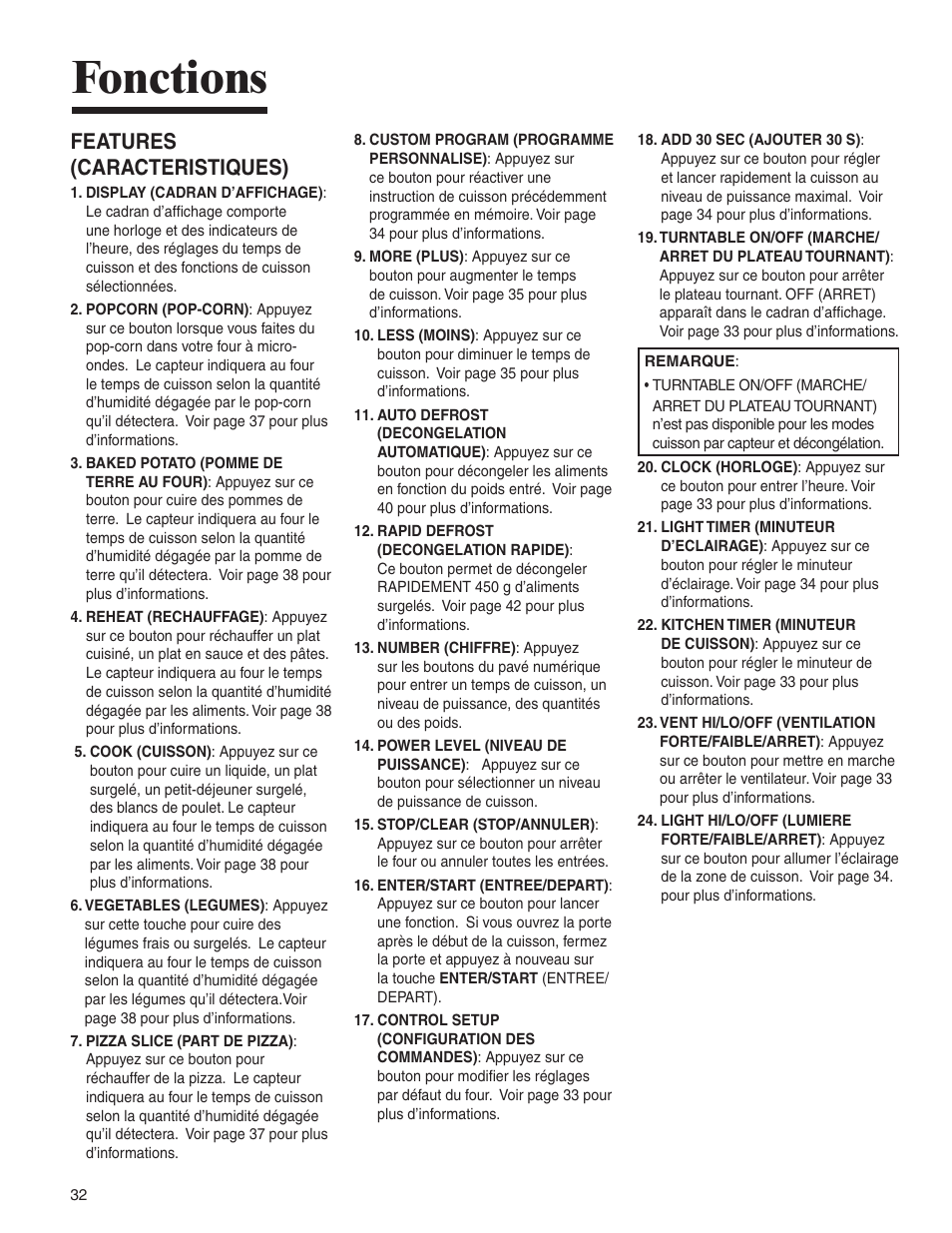 Fonctions, Features (caracteristiques) | Amana AMV5164BA/BC User Manual | Page 32 / 72