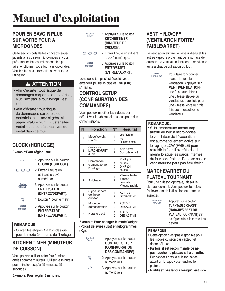 Manuel d’exploitation, Pour en savoir plus sur votre four a microondes, Attention | Clock (horloge), Kitchen timer (minuteur de cuisson), Control setup (configuration des commandes), Vent hi/lo/off (ventilation forte/ faible/arret), Marche/arret du plateau tournant | Amana AMV5164BA/BC User Manual | Page 33 / 72