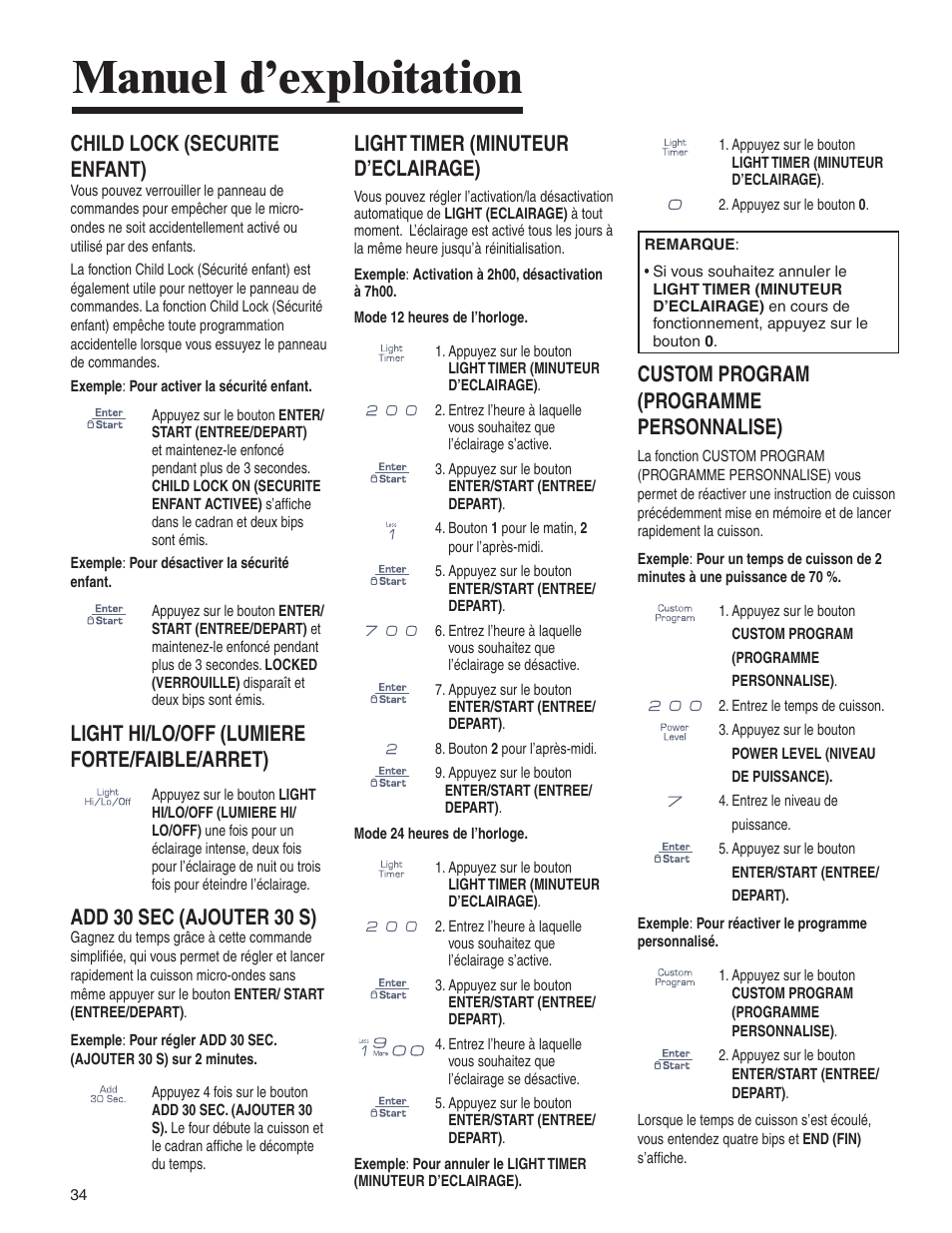 Manuel d’exploitation, Child lock (securite enfant), Light hi/lo/off (lumiere forte/faible/arret) | Add 30 sec (ajouter 30 s), Light timer (minuteur d’eclairage), Custom program (programme personnalise) | Amana AMV5164BA/BC User Manual | Page 34 / 72