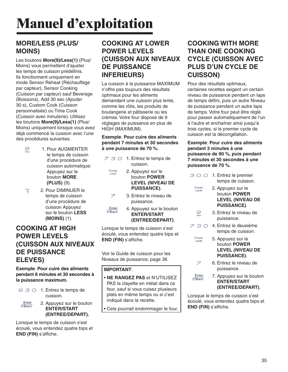 Manuel d’exploitation, More/less (plus/ moins) | Amana AMV5164BA/BC User Manual | Page 35 / 72