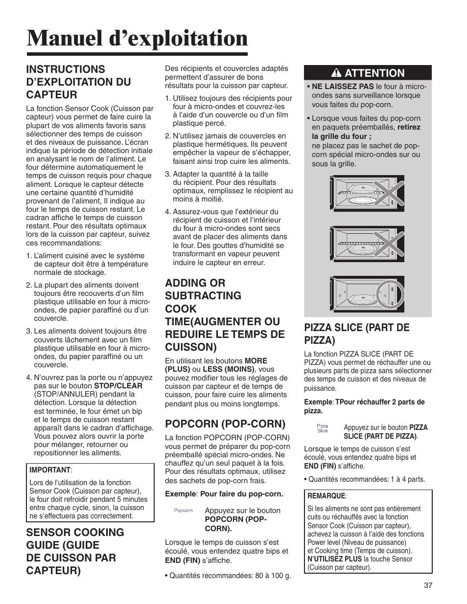 Manuel d’exploitation, Instructions d’exploitation du capteur, Popcorn (pop-corn) | Attention, Pizza slice (part de pizza) | Amana AMV5164BA/BC User Manual | Page 37 / 72