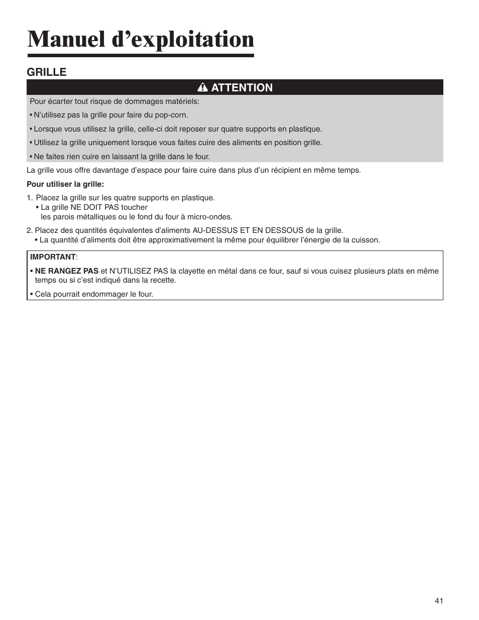 Manuel d’exploitation, Grille attention | Amana AMV5164BA/BC User Manual | Page 41 / 72