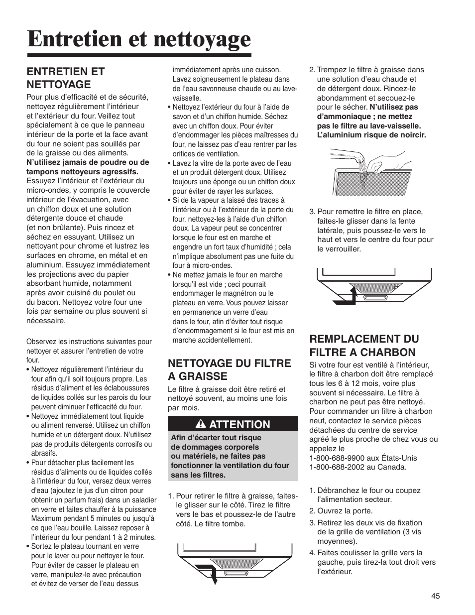 Entretien et nettoyage, Nettoyage du filtre a graisse, Attention | Remplacement du filtre a charbon | Amana AMV5164BA/BC User Manual | Page 45 / 72