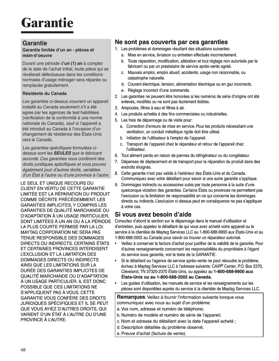 Garantie, Ne sont pas couverts par ces garanties, Si vous avez besoin d’aide | Amana AMV5164BA/BC User Manual | Page 48 / 72
