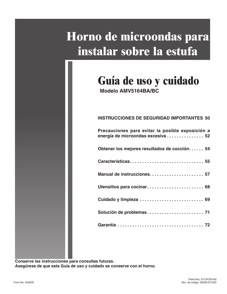 Horno de microondas para instalar sobre la estufa, Guía de uso y cuidado | Amana AMV5164BA/BC User Manual | Page 49 / 72