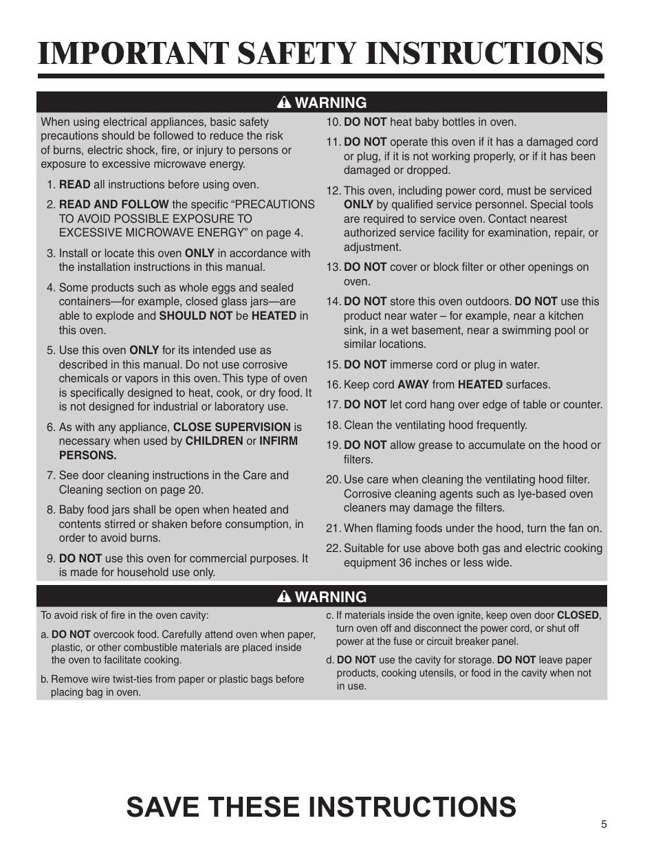 Important safety instructions, Save these instructions | Amana AMV5164BA/BC User Manual | Page 5 / 72
