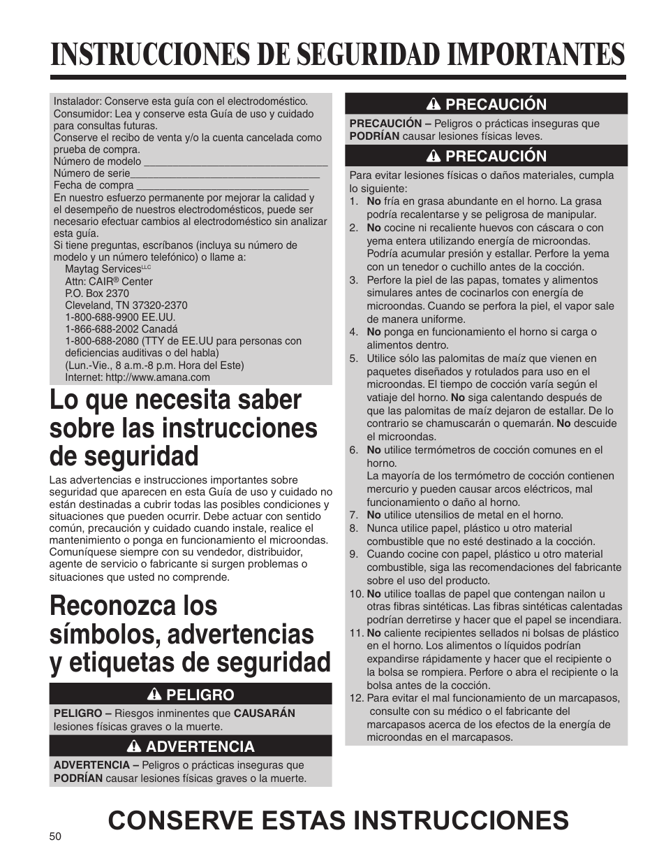 Instrucciones de seguridad importantes, Conserve estas instrucciones | Amana AMV5164BA/BC User Manual | Page 50 / 72