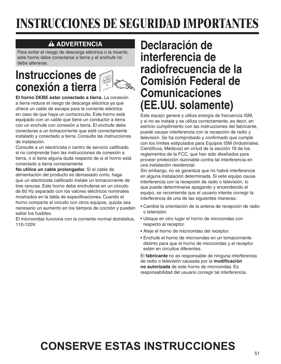 Instrucciones de seguridad importantes, Instrucciones de conexión a tierra, Conserve estas instrucciones | Amana AMV5164BA/BC User Manual | Page 51 / 72