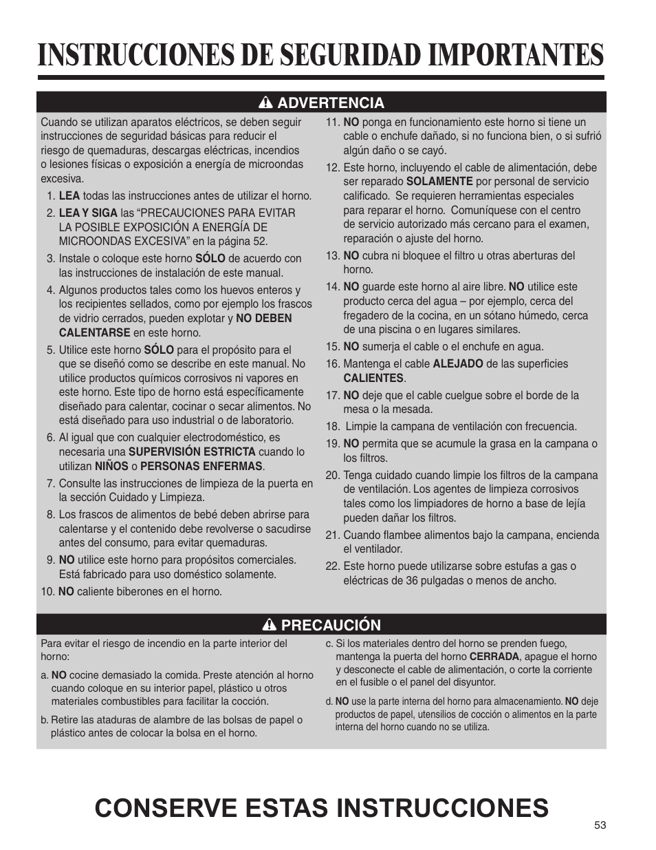 Instrucciones de seguridad importantes, Conserve estas instrucciones, Advertencia | Precaución | Amana AMV5164BA/BC User Manual | Page 53 / 72